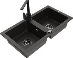 Mexen Mario granite double-bowl sink with Rita kitchen faucet, black/gold metallic - 6504-75-670300-70-B