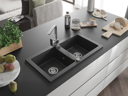 Mexen Mario 2-compartment granite sink with a kitchen mixer tap Rita, spotted black - 6504-76-670300-00