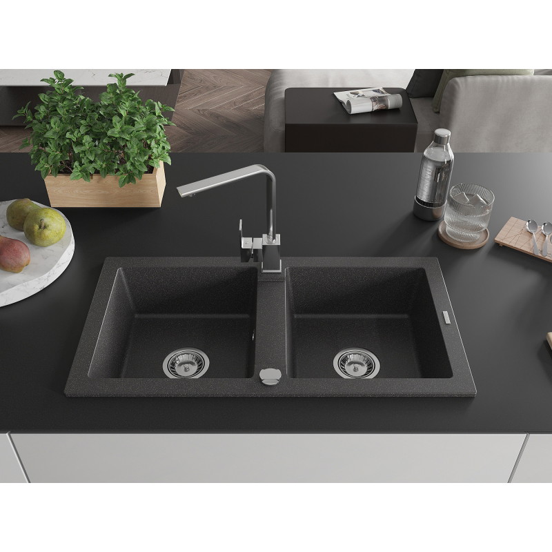 Mexen Mario 2-Bowl Granite Sink with Rita Kitchen Faucet, Black Speckled - 6504-76-670300-00