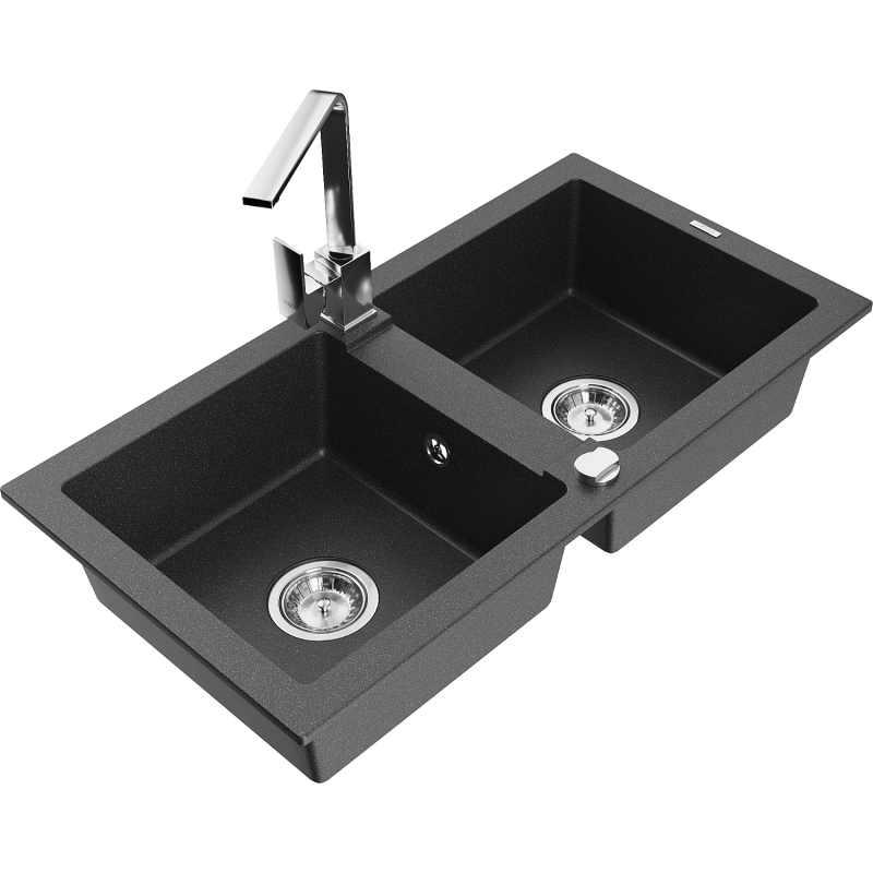 Mexen Mario 2-Bowl Granite Kitchen Sink with Rita Tap, Black Dappled - 6504-76-670300-00