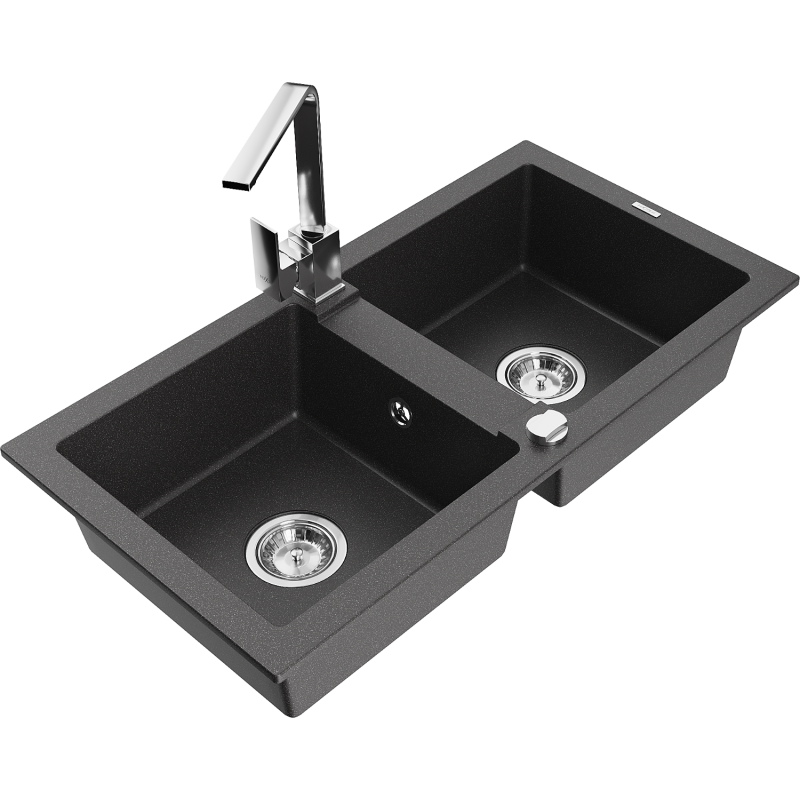 Mexen Mario 2-compartment granite sink with a kitchen mixer tap Rita, spotted black - 6504-76-670300-00