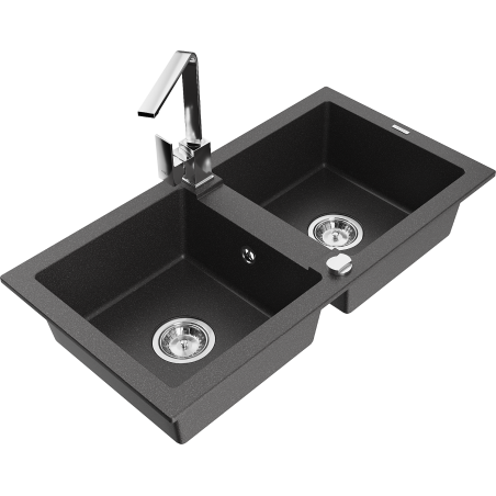 Mexen Mario 2-Bowl Granite Kitchen Sink with Rita Tap, Black Dappled - 6504-76-670300-00