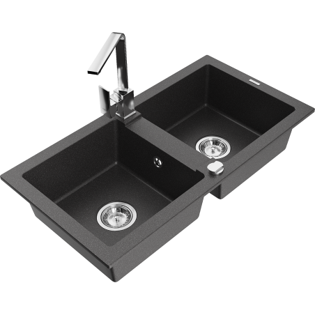 Mexen Mario 2-compartment granite sink with a kitchen mixer tap Rita, spotted black - 6504-76-670300-00