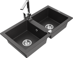 Mexen Mario 2-Bowl Granite Kitchen Sink with Rita Tap, Black Dappled - 6504-76-670300-00