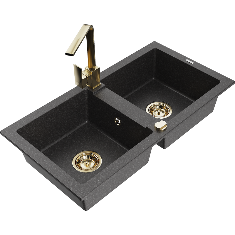 Mexen Mario 2-compartment granite sink with a kitchen mixer tap Rita, spotted black - 6504-76-670300-50