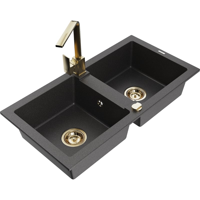 Mexen Mario granite double bowl kitchen sink with Rita faucet, speckled black - 6504-76-670300-50