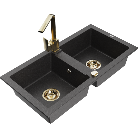 Mexen Mario granite double bowl kitchen sink with Rita faucet, speckled black - 6504-76-670300-50