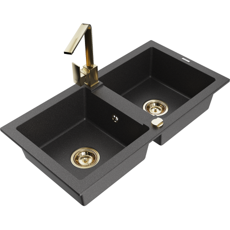 Mexen Mario granite kitchen sink 2-bowl with Rita kitchen faucet, black speckled - 6504-76-670300-50