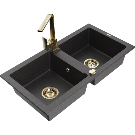 Mexen Mario granite kitchen sink 2-chamber with Rita kitchen tap, black speckled - 6504-76-670300-50