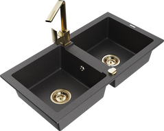 Mexen Mario granite kitchen sink 2-bowl with Rita kitchen faucet, black speckled - 6504-76-670300-50