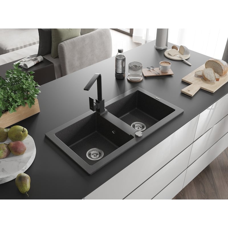 Mexen Mario granite double-bowl sink with Rita kitchen faucet, black speckled - 6504-76-670300-70