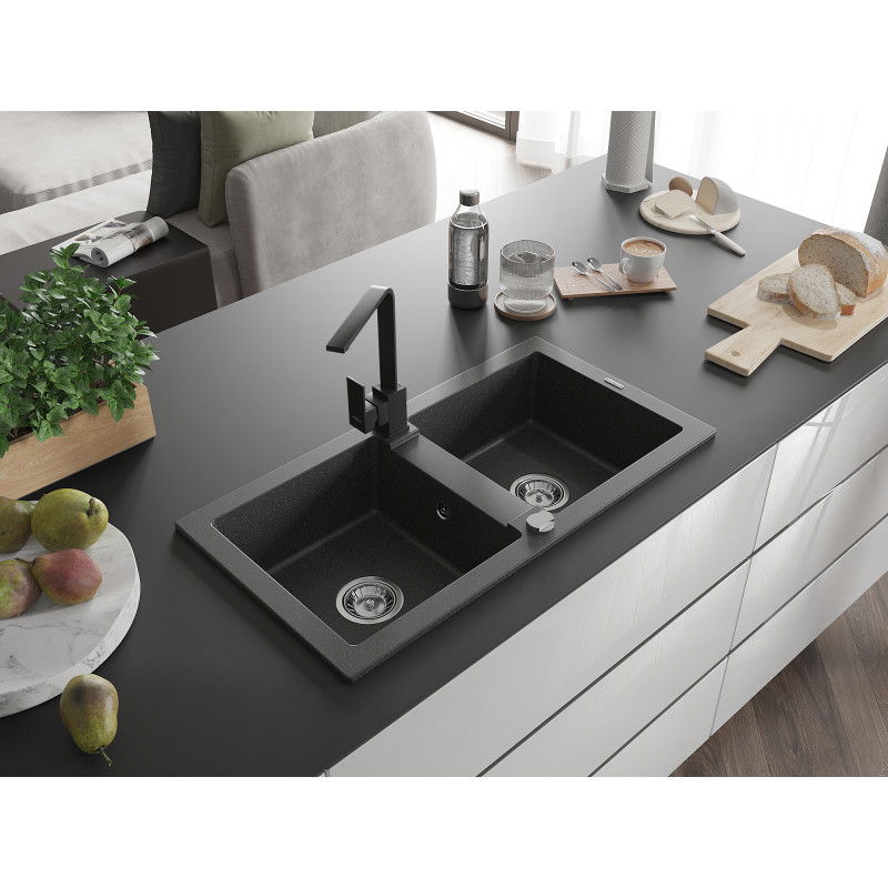 Mexen Mario granite sink 2-bowl with Rita kitchen tap, black speckled - 6504-76-670300-70