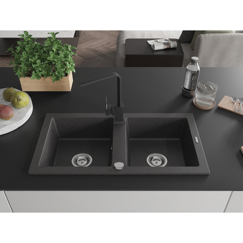 Mexen Mario 2-bowl granite sink with Rita kitchen faucet, black speckled - 6504-76-670300-70