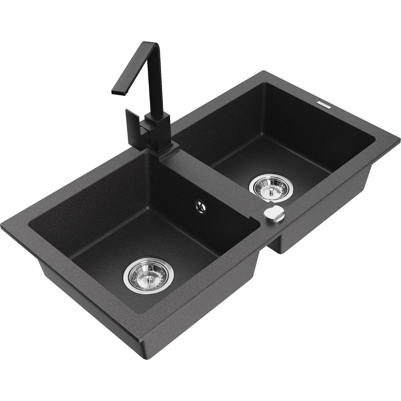Mexen Mario 2-bowl granite sink with Rita kitchen faucet, black speckled - 6504-76-670300-70