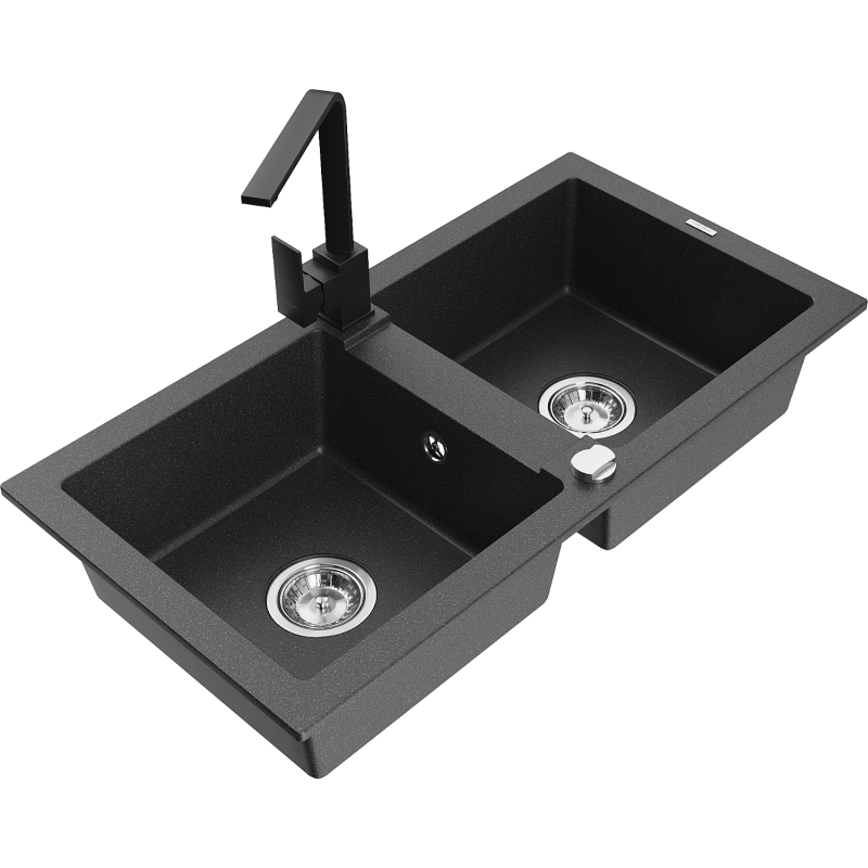 Mexen Mario 2-compartment granite sink with a kitchen mixer tap Rita, spotted black - 6504-76-670300-70