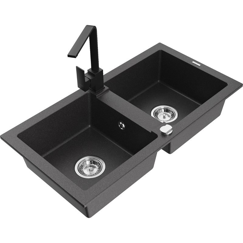 Mexen Mario granite sink 2-bowl with Rita kitchen tap, black speckled - 6504-76-670300-70