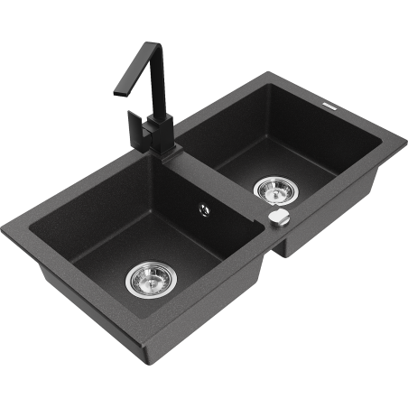 Mexen Mario granite sink 2-bowl with Rita kitchen tap, black speckled - 6504-76-670300-70