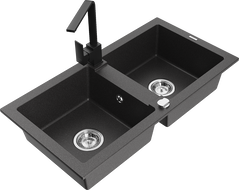 Mexen Mario granite sink 2-bowl with Rita kitchen tap, black speckled - 6504-76-670300-70