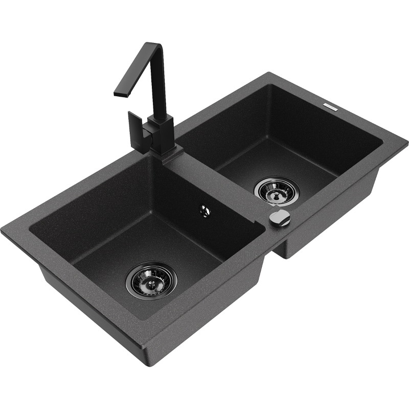 Mexen Mario 2-bowl granite sink with Rita kitchen faucet, speckled black - 6504-76-670300-70-B