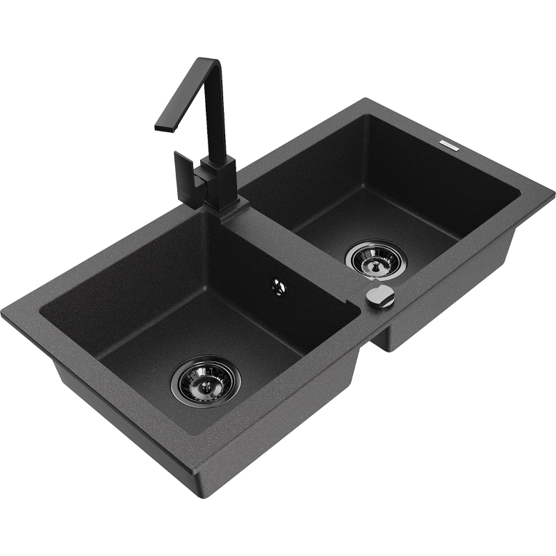 Mexen Mario 2-bowl granite sink with Rita kitchen tap, speckled black - 6504-76-670300-70-B