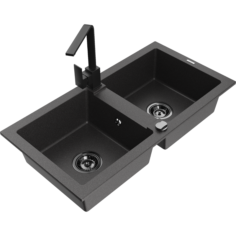 Mexen Mario 2-compartment granite sink with a kitchen mixer tap Rita, spotted black - 6504-76-670300-70-B