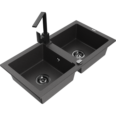 Mexen Mario 2-Bowl Granite Sink with Rita Kitchen Faucet, Black Speckled - 6504-76-670300-70-B