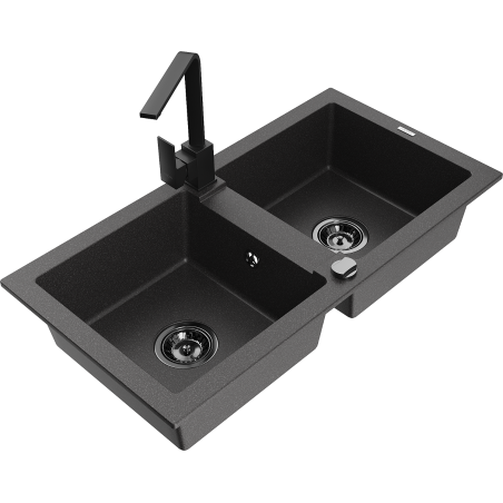 Mexen Mario 2-bowl granite sink with Rita kitchen tap, speckled black - 6504-76-670300-70-B