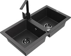 Mexen Mario 2-Bowl Granite Sink with Rita Kitchen Faucet, Black Speckled - 6504-76-670300-70-B