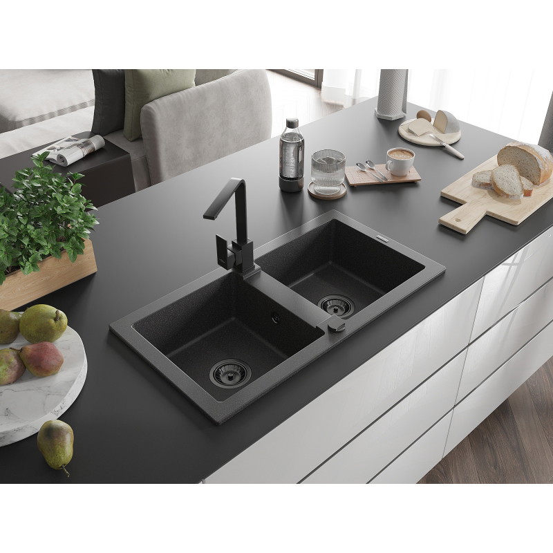 Mexen Mario 2-bowl granite sink with Rita kitchen faucet, speckled black - 6504-76-670300-70-B