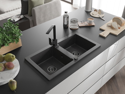 Mexen Mario 2-bowl granite sink with Rita kitchen tap, speckled black - 6504-76-670300-70-B