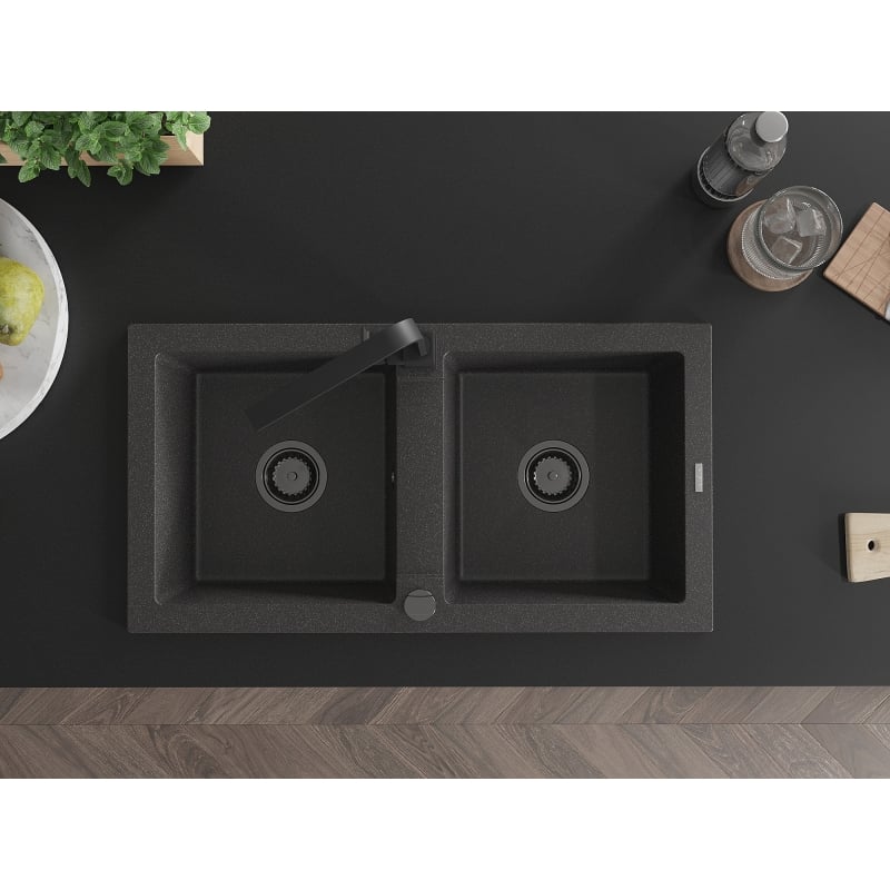 Mexen Mario 2-bowl granite sink with Rita kitchen faucet, speckled black - 6504-76-670300-70-B