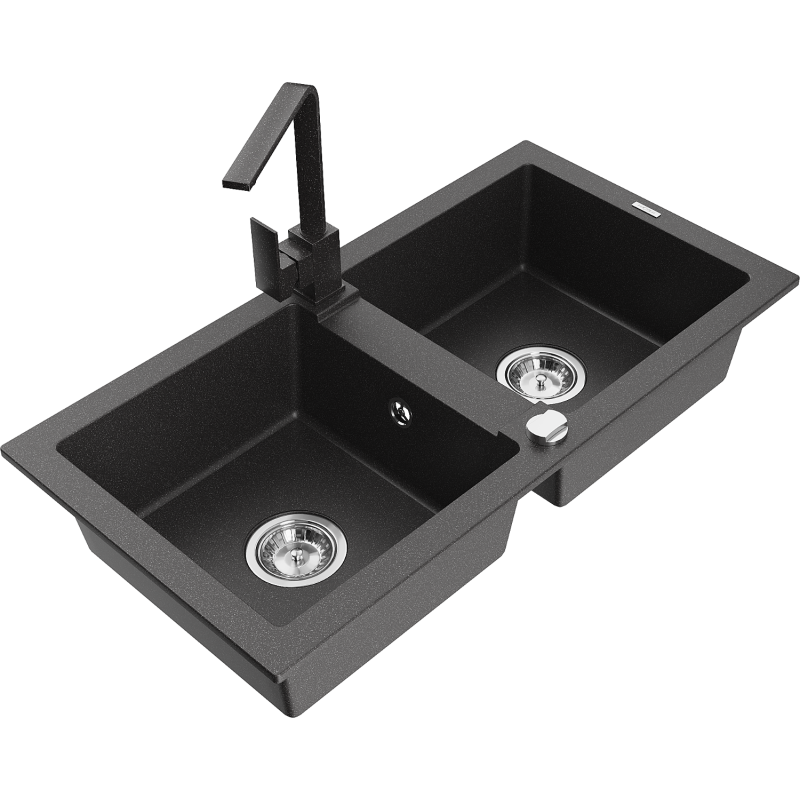 Mexen Mario 2-compartment granite sink with a kitchen mixer tap Rita, spotted black - 6504-76-670300-76