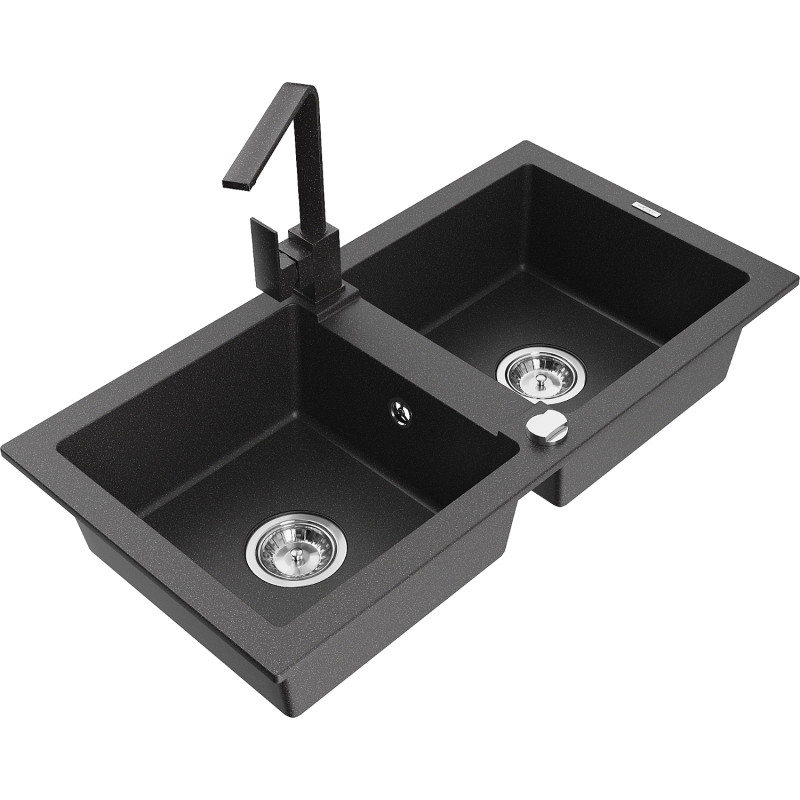 Mexen Mario granite double-bowl sink with kitchen faucet Rita, speckled black - 6504-76-670300-76