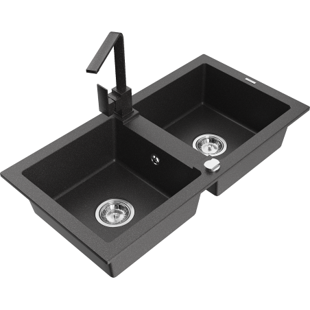 Mexen Mario granite double-bowl sink with Rita kitchen faucet, speckled black - 6504-76-670300-76