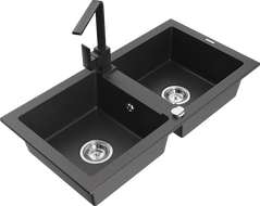 Mexen Mario granite double-bowl sink with kitchen faucet Rita, speckled black - 6504-76-670300-76