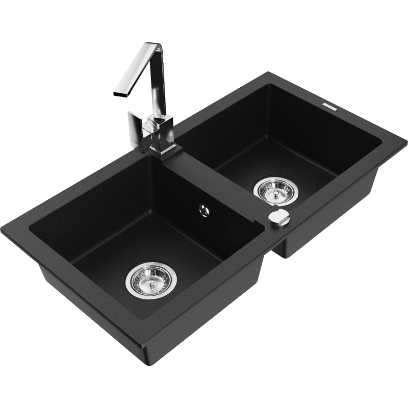 Mexen Mario 2-compartment granite sink with a kitchen mixer tap Rita, Black - 6504-77-670300-00