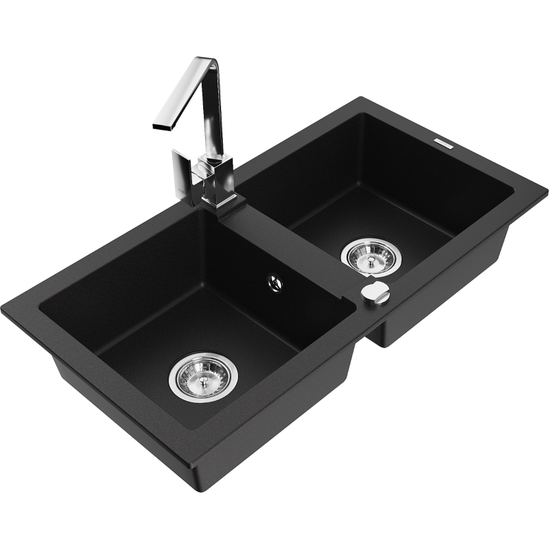 Mexen Mario granite double bowl sink with Rita kitchen tap, black - 6504-77-670300-00