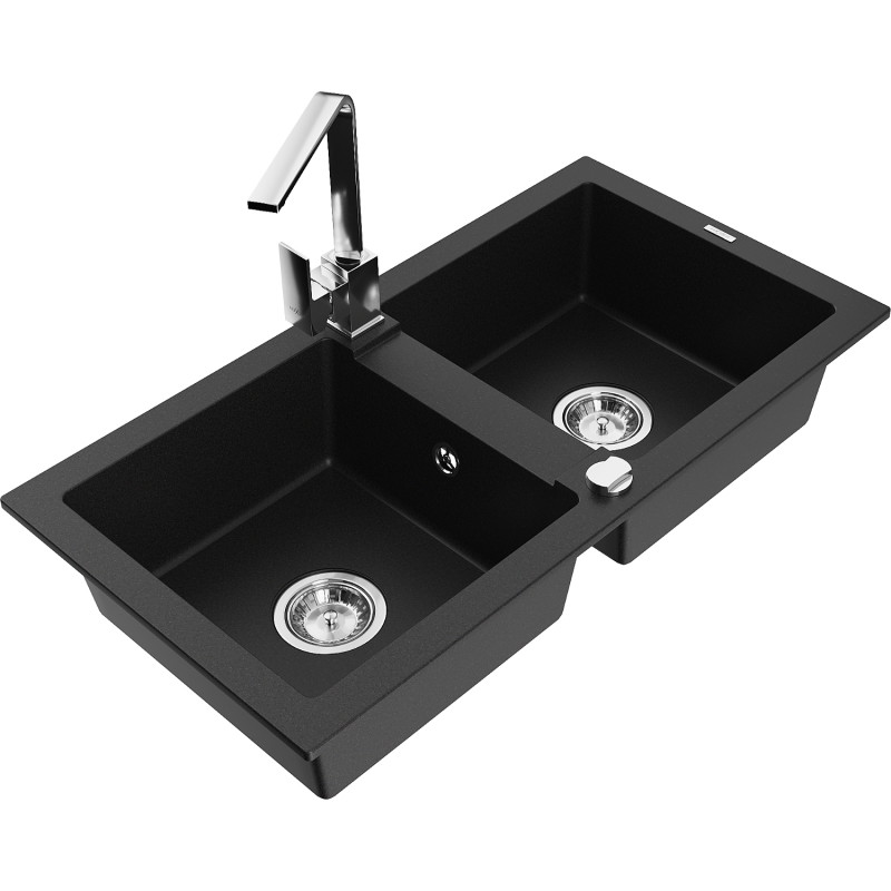 Mexen Mario Rita Granite 2-Chamber Kitchen Sink with Faucet, Black - 6504-77-670300-00