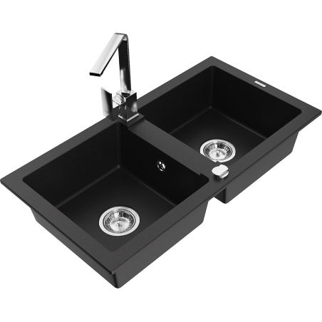Mexen Mario 2-compartment granite sink with a kitchen mixer tap Rita, Black - 6504-77-670300-00