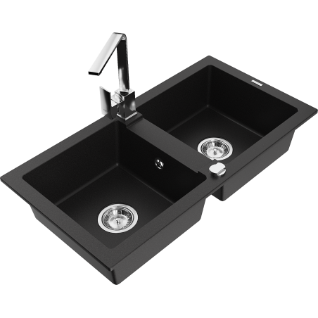 Mexen Mario granite double bowl sink with Rita kitchen tap, black - 6504-77-670300-00