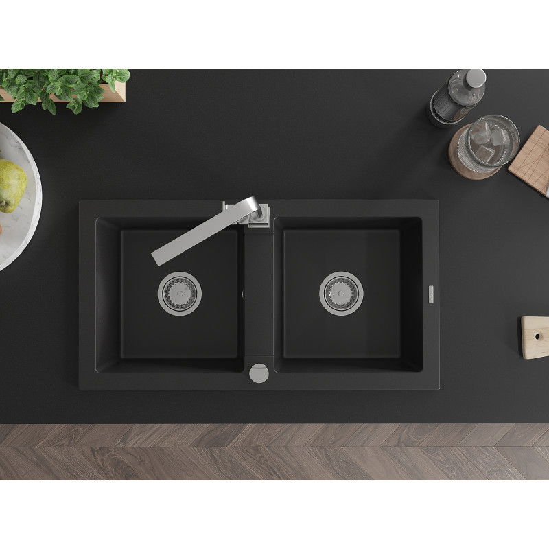 Mexen Mario granite double bowl sink with Rita kitchen tap, black - 6504-77-670300-00