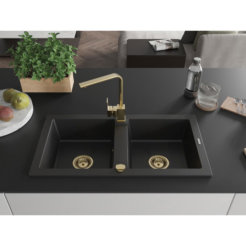 Mexen Mario 2-bowl Granite Sink with Rita Kitchen Tap, Black - 6504-77-670300-50