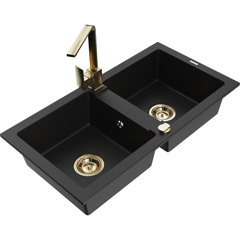 Mexen Mario 2-bowl granite sink with Rita kitchen faucet, black - 6504-77-670300-50