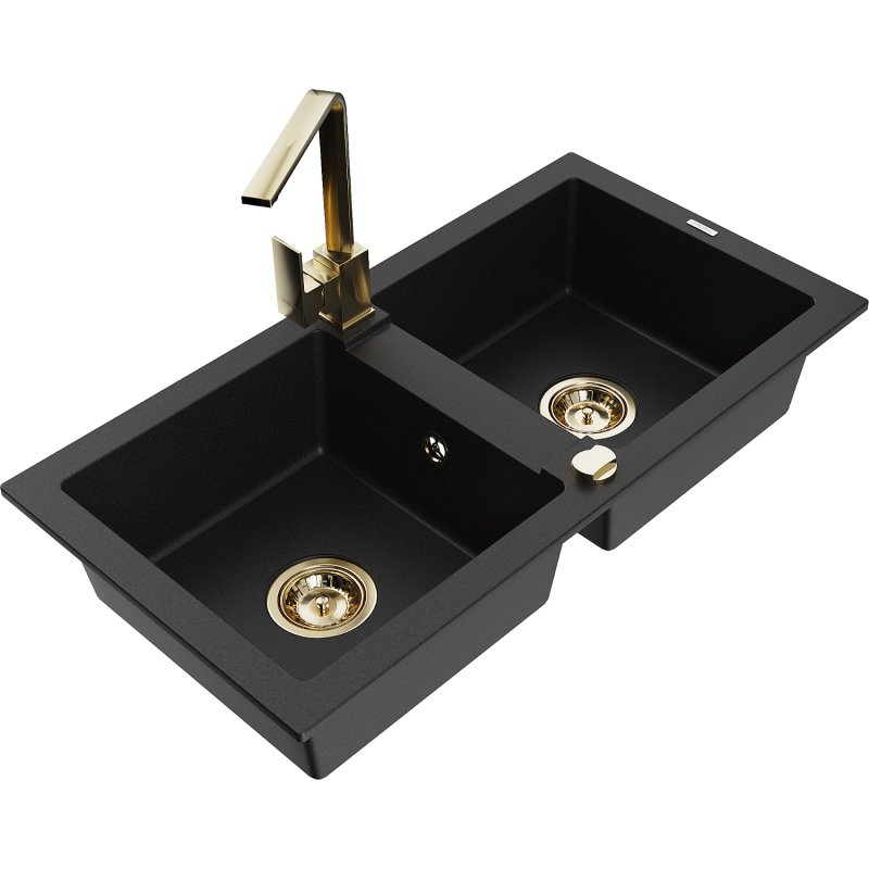Mexen Mario 2-bowl Granite Sink with Rita Kitchen Tap, Black - 6504-77-670300-50