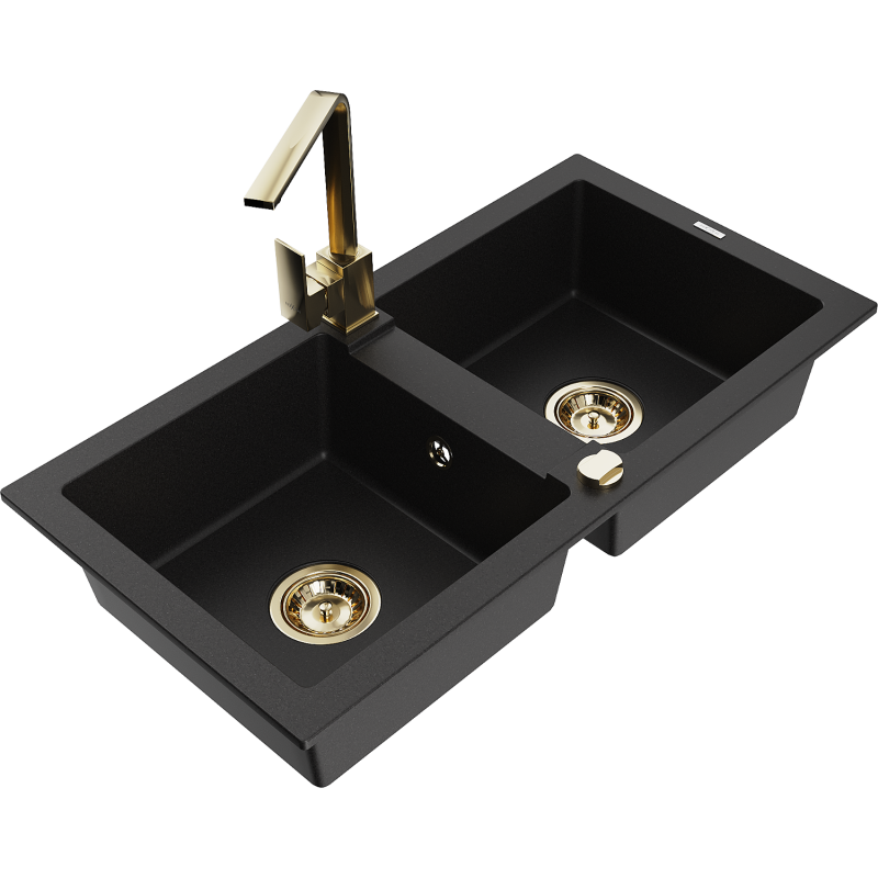 Mexen Mario 2-compartment granite sink with a kitchen mixer tap Rita, Black - 6504-77-670300-50