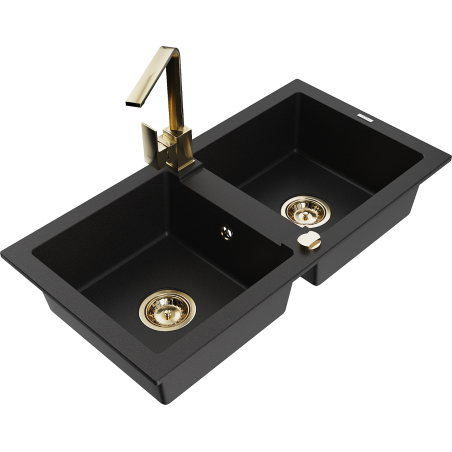 Mexen Mario 2-bowl granite sink with Rita kitchen faucet, black - 6504-77-670300-50