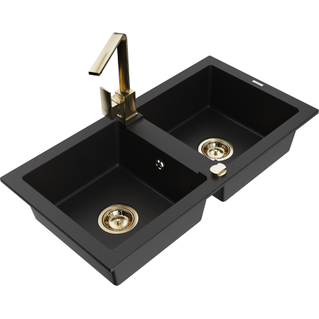 Mexen Mario 2-bowl Granite Sink with Rita Kitchen Tap, Black - 6504-77-670300-50