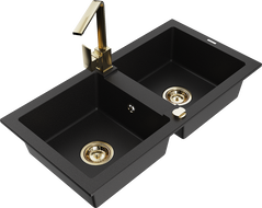 Mexen Mario 2-compartment granite sink with a kitchen mixer tap Rita, Black - 6504-77-670300-50