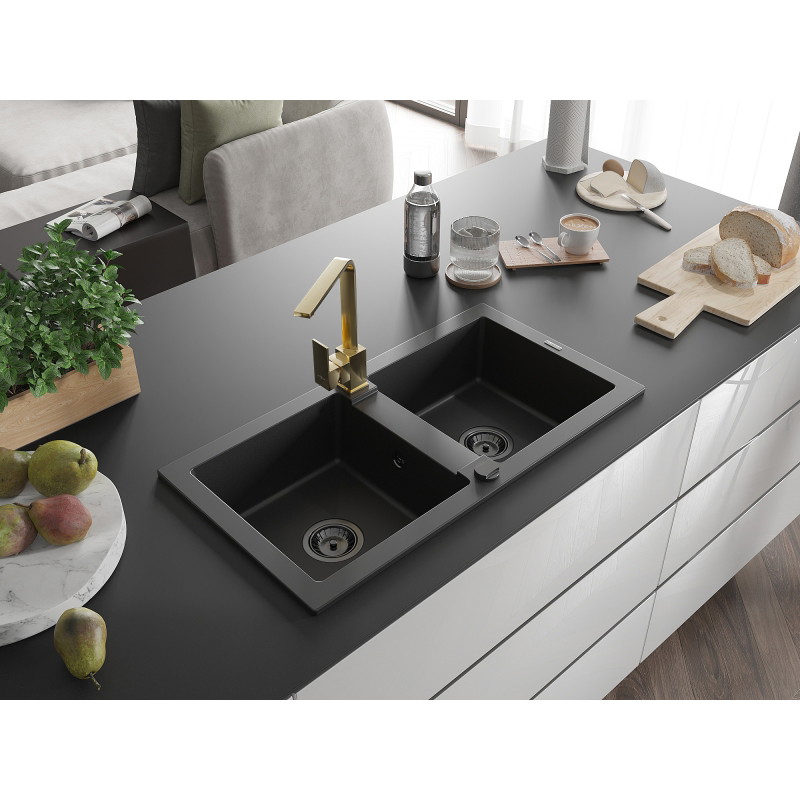 Mexen Mario 2-bowl granite sink with Rita kitchen faucet, black - 6504-77-670300-50-B