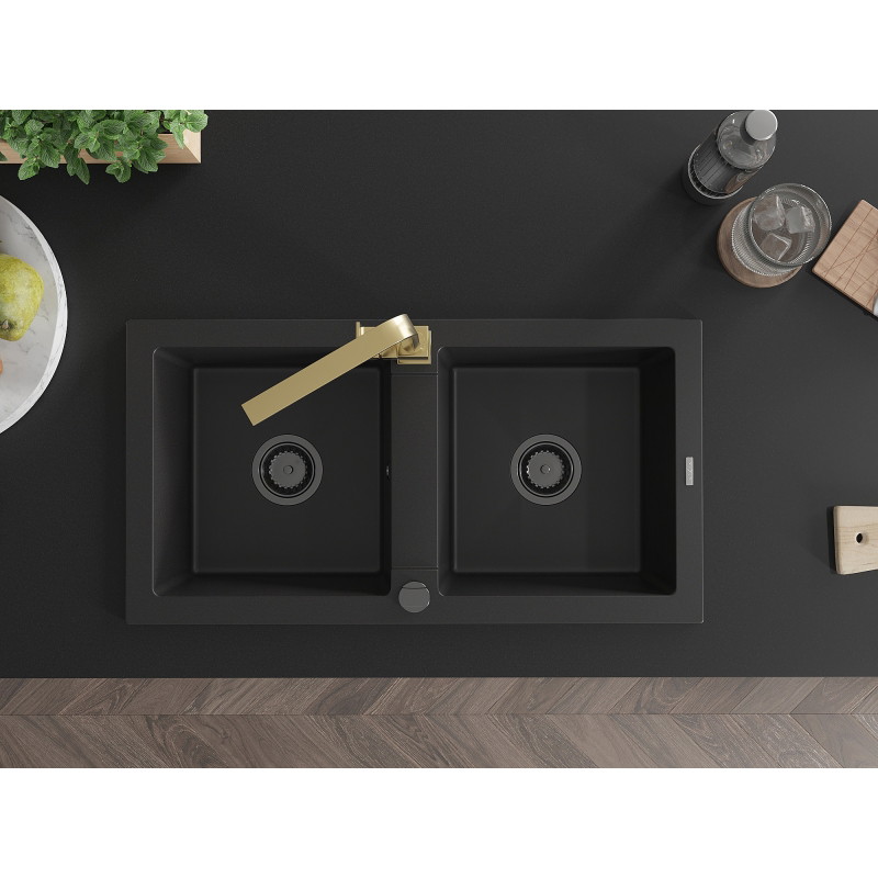 Mexen Mario 2-chamber granite sink with Rita kitchen faucet, black - 6504-77-670300-50-B